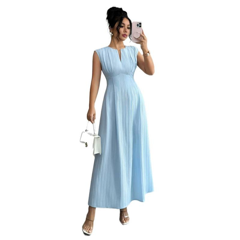 Women's summer new fashion elegant solid color textured fabric ruched waist sleeveless a-line maxi dress