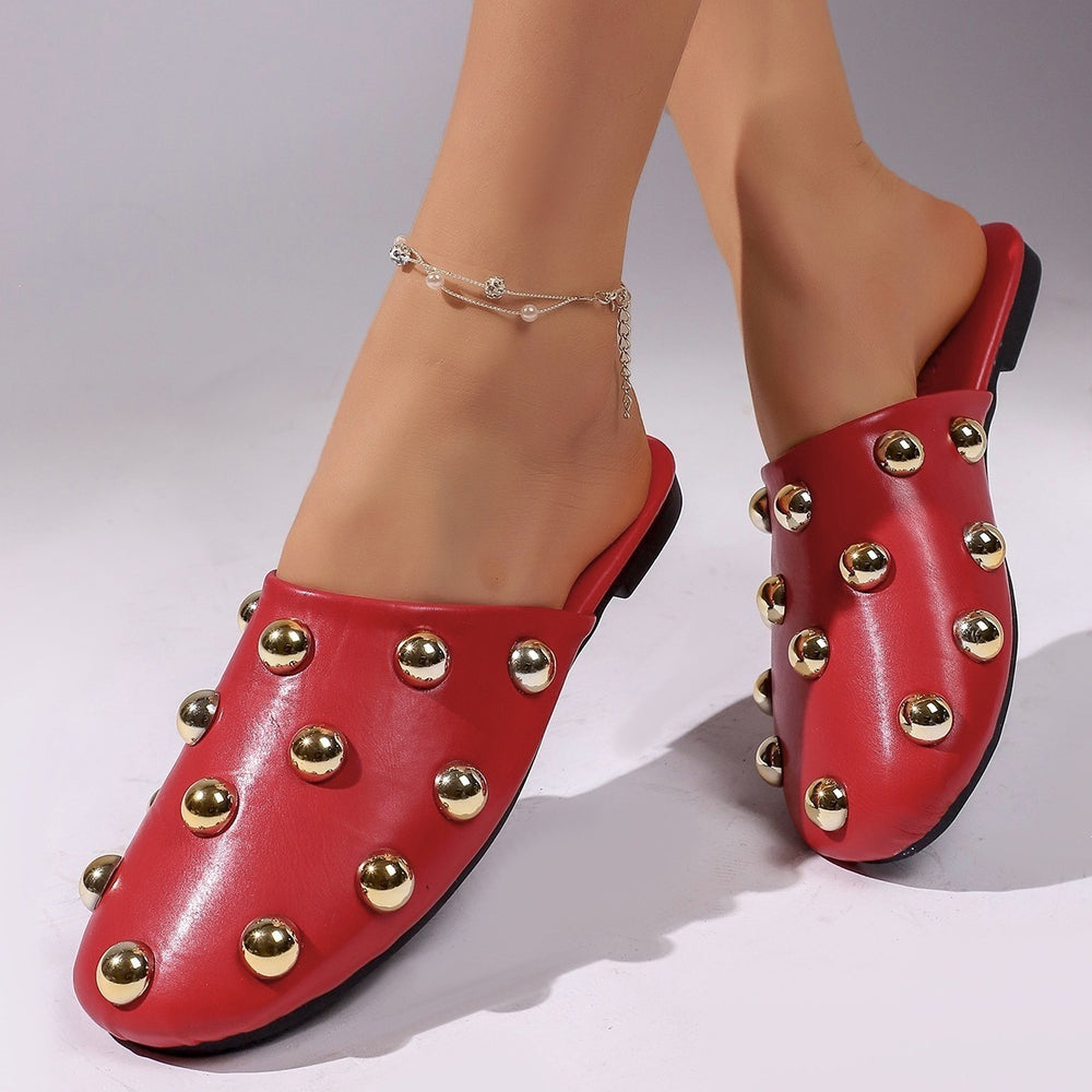 summer new metal studded sandals soft sole comfortable mules slides outdoor casual closed-toe half slippers