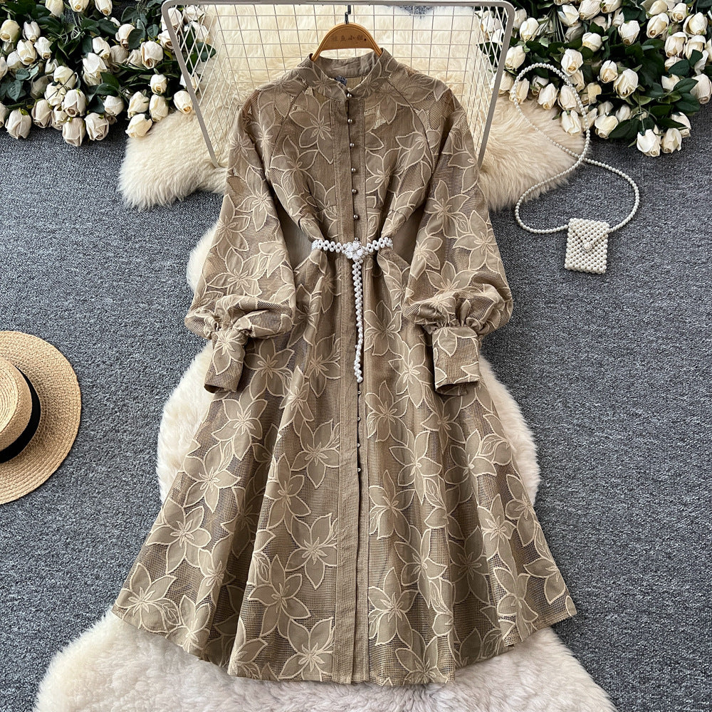 French retro court style heavy embroidered hollow-out round neck single-breasted lantern sleeve tie-waist elegant dress