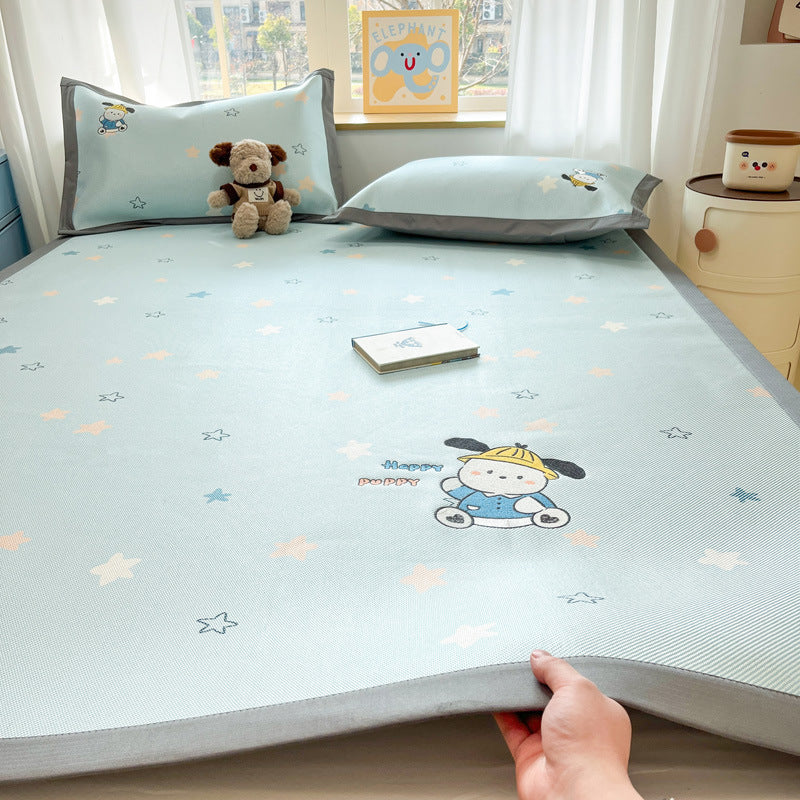 Summer ice rattan mat three-piece cartoon mattress foldable embroidered ice silk mat can sleep naked air conditioner soft mat
