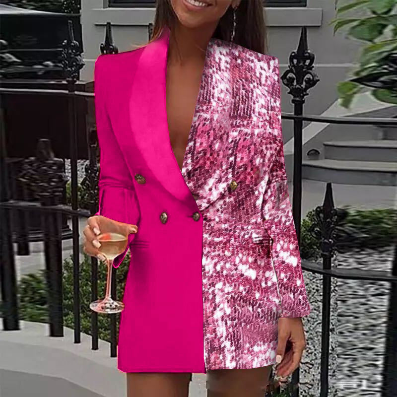 new cross-border  two-tone patchwork printed blazer with sexy deep v-neck casual party mini dress