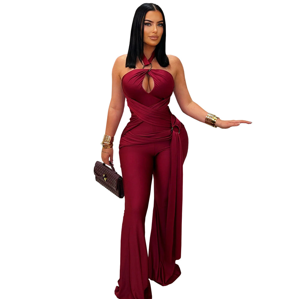 C7570 cross-border   fashion women's solid color elegant halter wide leg sleeveless jumpsuit
