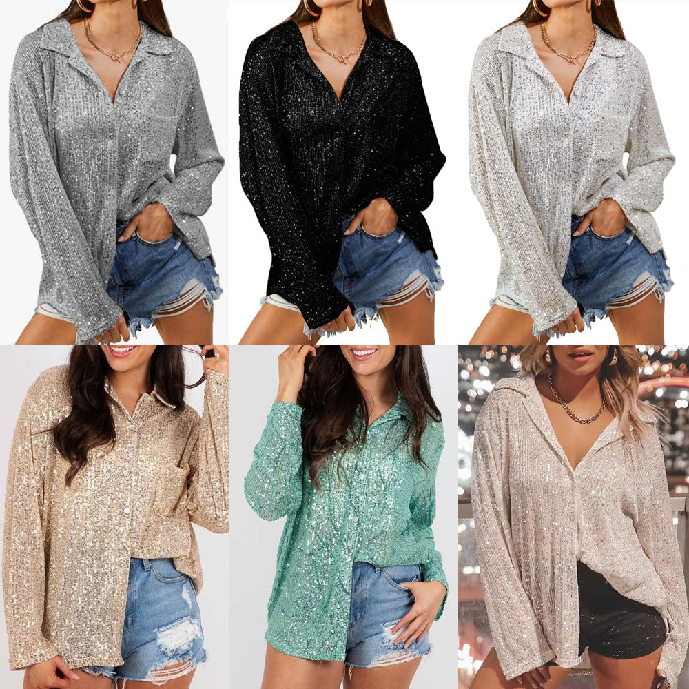 2025 autumn european and american cross-border women's fashion: new sequin long-sleeve turn-down collar casual blouse for amazon