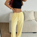 fashion light yellow casual loose pants high waist drawstring draped mop pants thin plaid