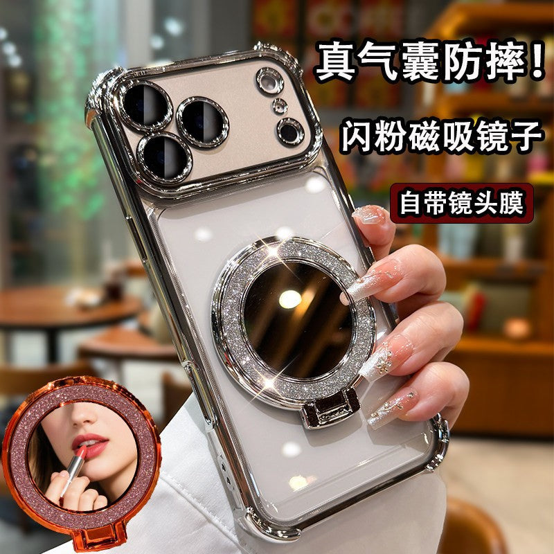Electroplated four-corner airbag shockproof phone case for iphone 17, apple 14 glitter mirror magnetic stand protective cover
