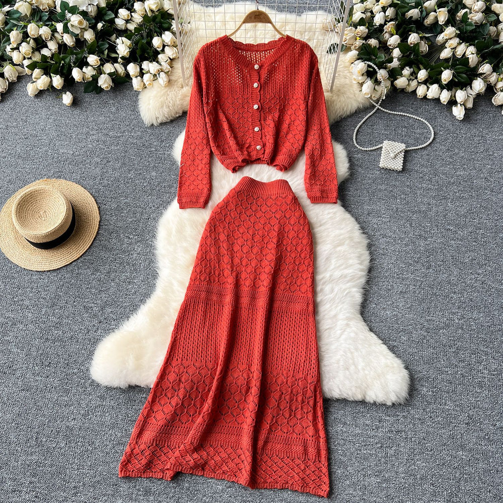 Korean style women's gentle & versatile hollow-out crochet long sleeve knit cardigan top + high-waisted slimming midi skirt