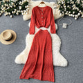Korean style women's gentle & versatile hollow-out crochet long sleeve knit cardigan top + high-waisted slimming midi skirt