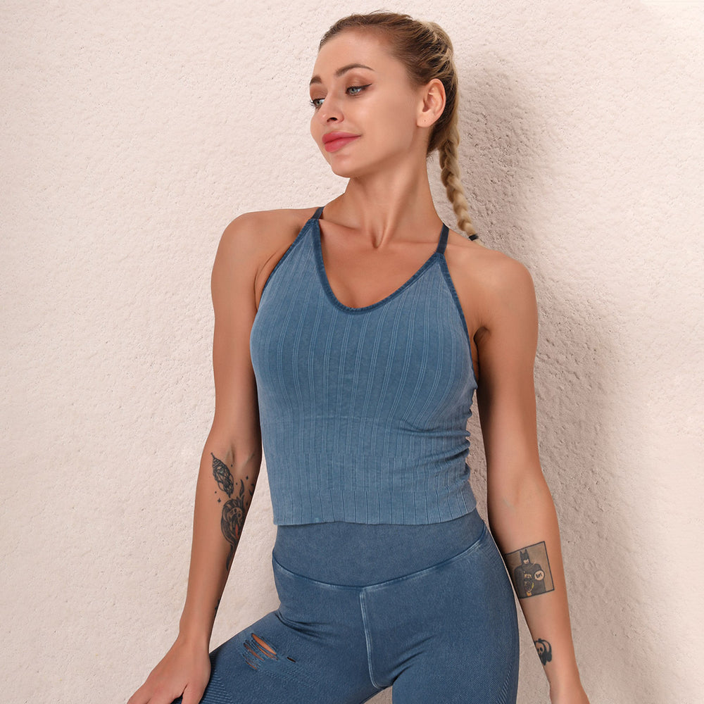 European and american seamless washed sports tank top women's slim fit striped sexy fitness vest high elasticity yoga bra