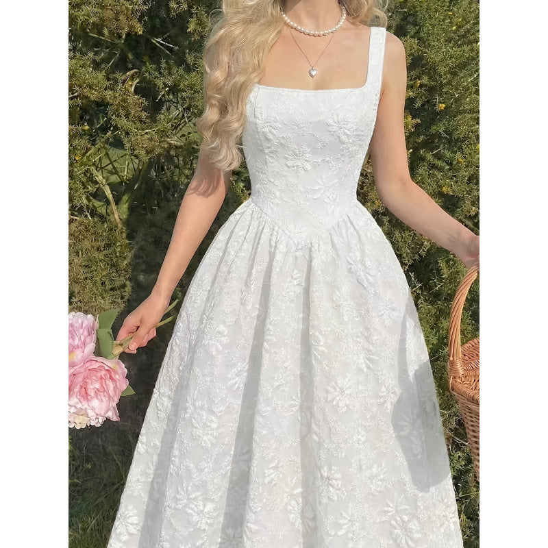 Women's new summer romantic elegant solid color jacquard square neck sleeveless maxi dress with cinched waist