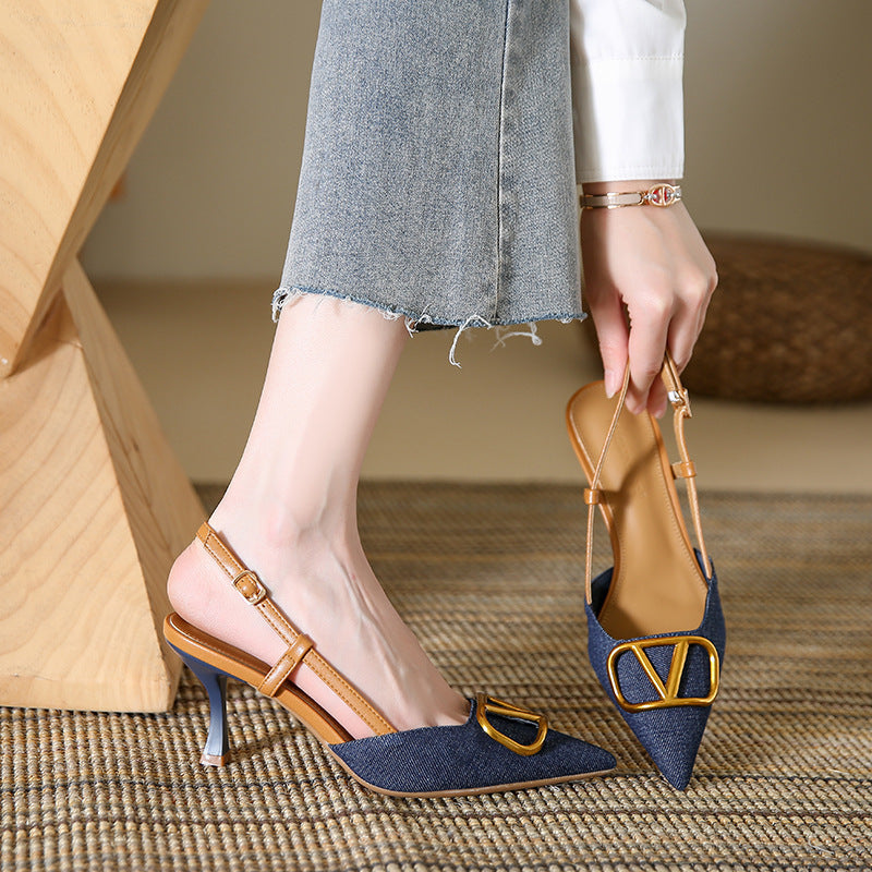 Korean style high-end elegant pointed-toe stiletto heel pumps - new spring/autumn collection, stunning and versatile denim high-heeled sandals