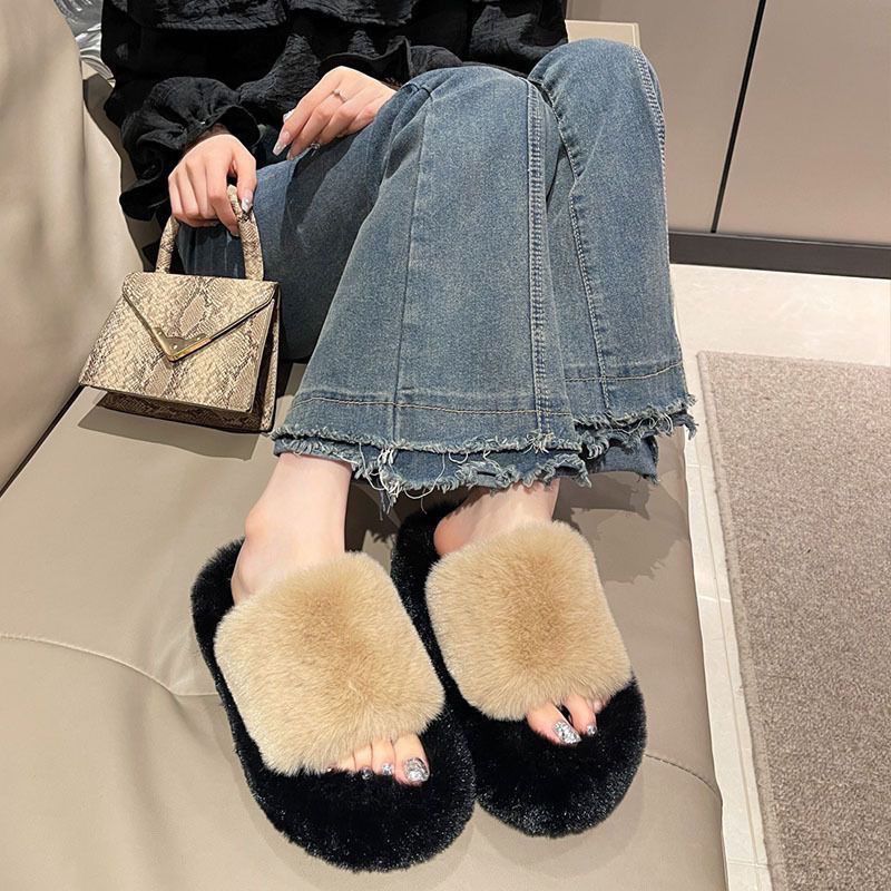 Women's platform fuzzy slippers for outdoor wear - new autumn/winter 2024 bestseller - cute cotton slippers for going out