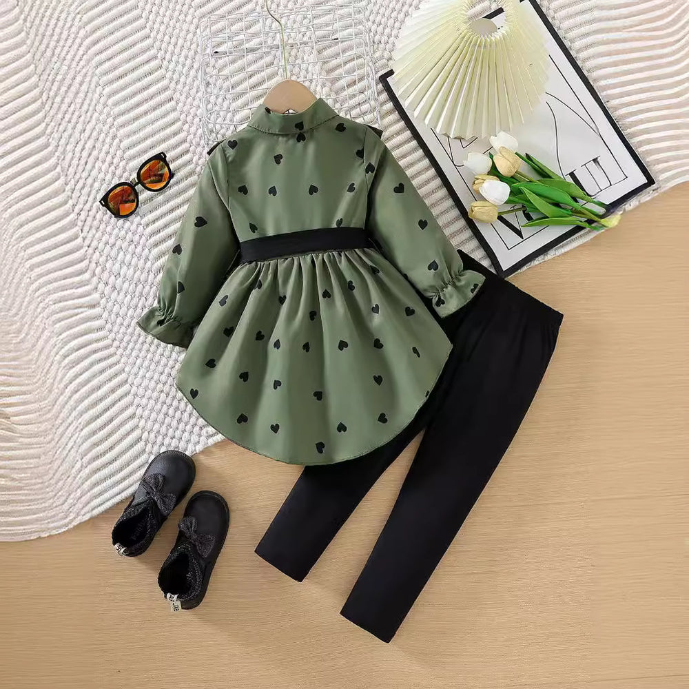 children's wear cross-border autumn new arrivals: girls' fashionable longline shirt dress with belt and leggings set
