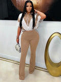 European and american style fashion casual elastic waist color block patchwork color block sport two-piece pants set -