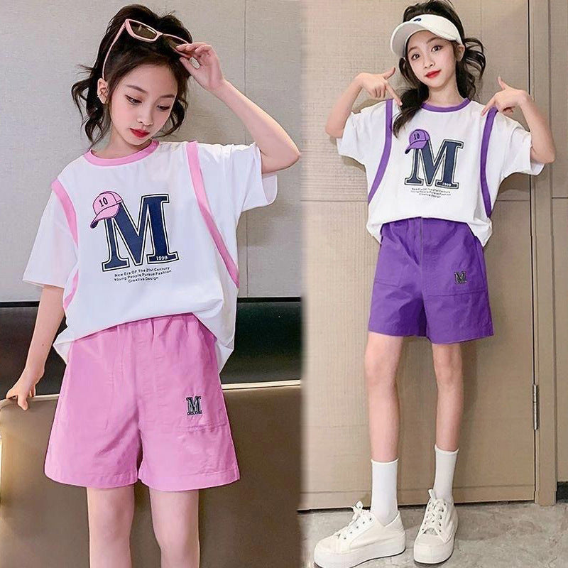 Girls' short-sleeve outfit:  summer new arrival - casual, simple, versatile, trendy, loose-fit, comfortable two-piece set for girls