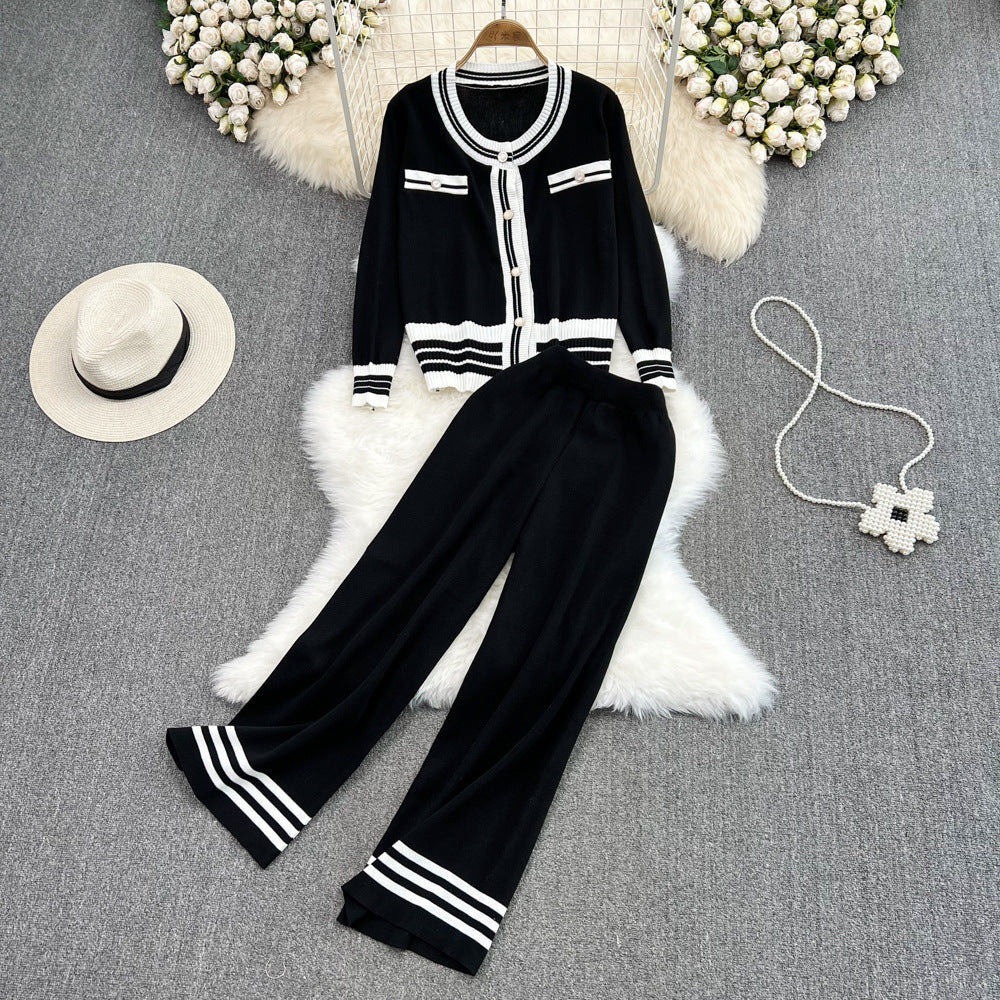 Fashionsuit women's round neck contrast color single breasted knittingcardiganoutweartwo-piece sethigh waistslimming lookstraight-legloose pants