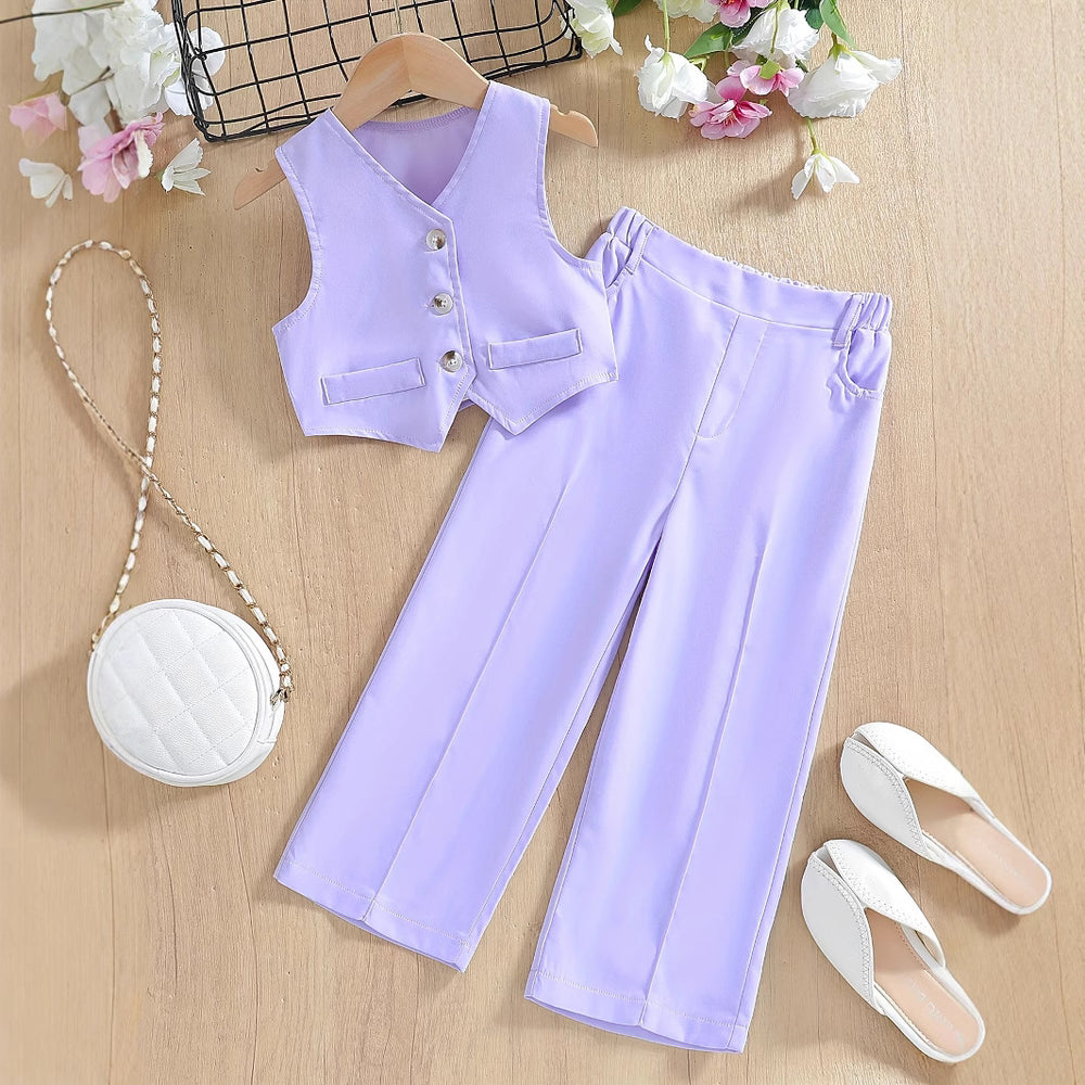 summergirlsuitvest topscasual suitpantslight purplekidstwo-piece pantssuit