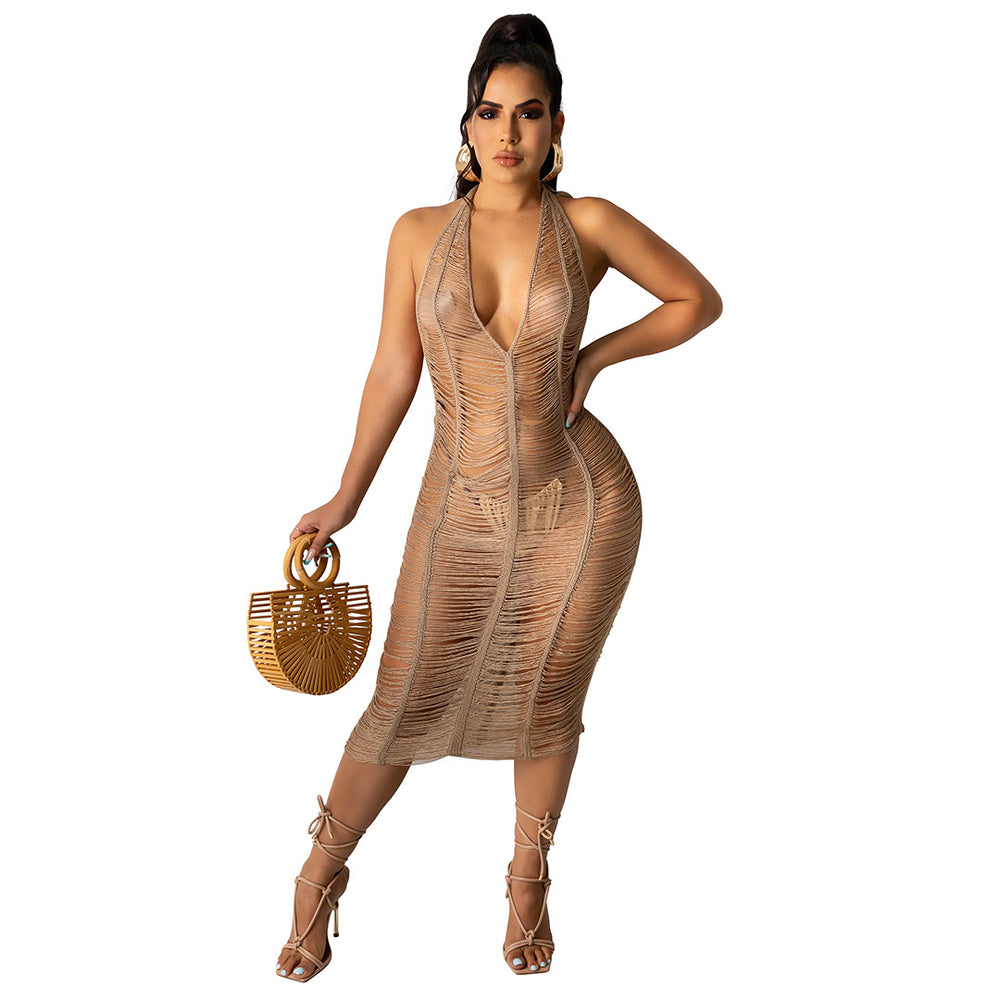 summer new sexy women's fashionable socialite hollow-out see-through beach knit bodycon dress halter knit dress