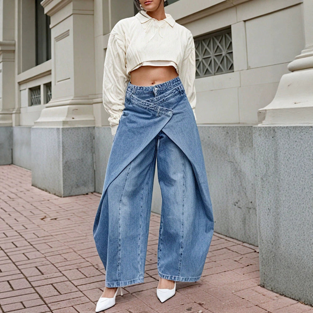 Fashionjeans women's high waist cross wrap fake two-piece culottes exportniche stylesense of design wide leg denim pants