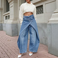 Fashionjeans women's high waist cross wrap fake two-piece culottes exportniche stylesense of design wide leg denim pants