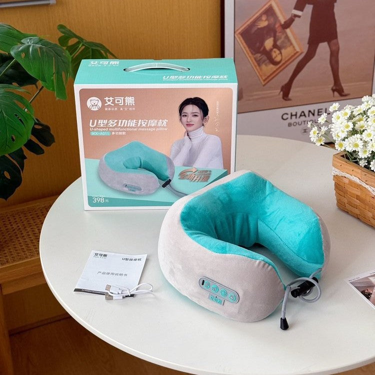 Aiko bear u-shaped massage pillow - multifunctional vibration, heating, percussion, hot compress, kneading neck and shoulder massager - wholesale gift option