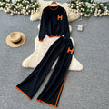 European and american style women's autumn outfit: chic, loose-fit, casual letter embroidered long-sleeve knit top with high-waisted wide-leg pants