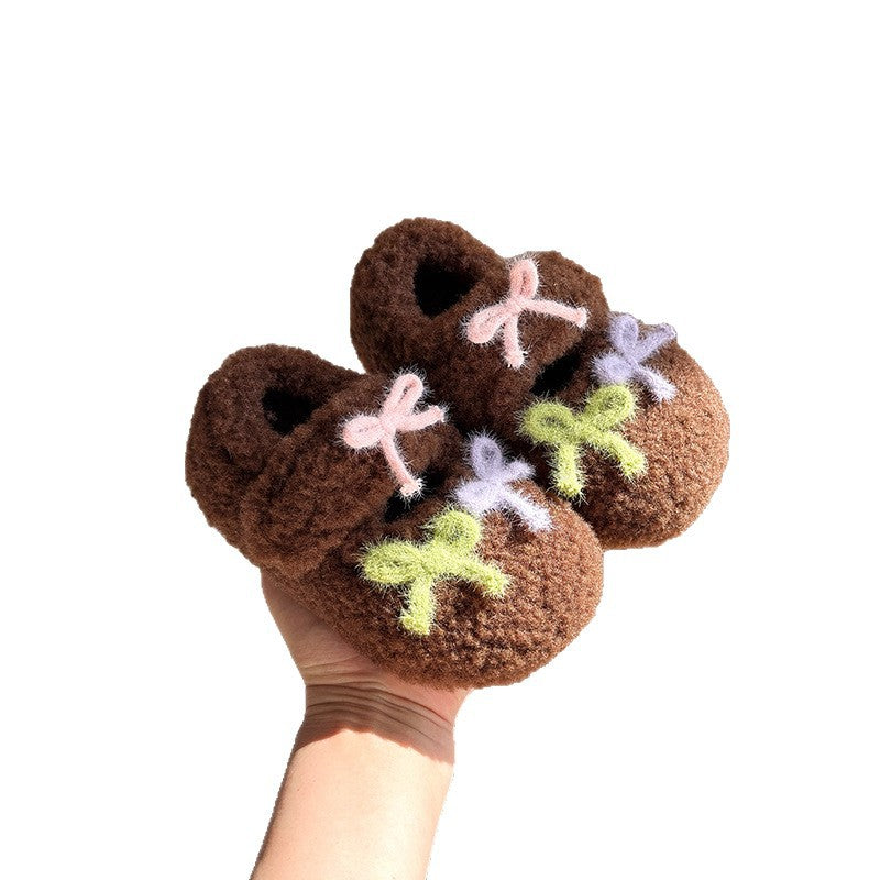 ins French fluffy shoes 2025 winter new Korean version of girls cute color matching bow soft sole velvet cotton shoes