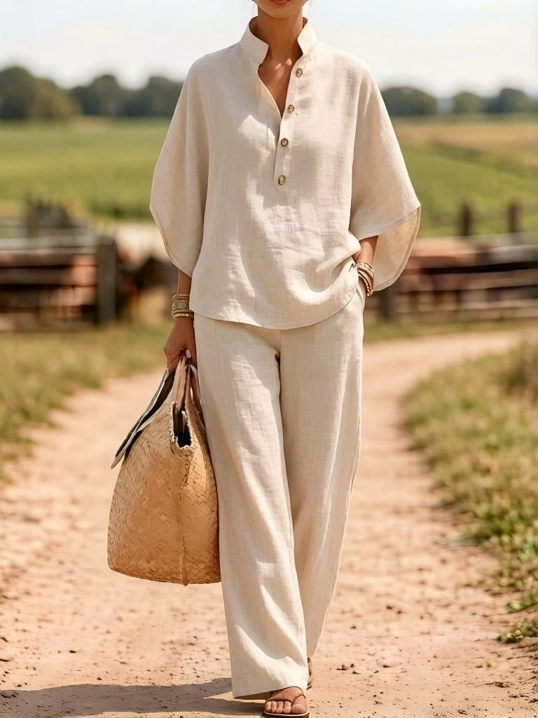european and american cross-border new spring/summer comfortable casual button-down shirt and wide-leg pants linen two-piece women's set