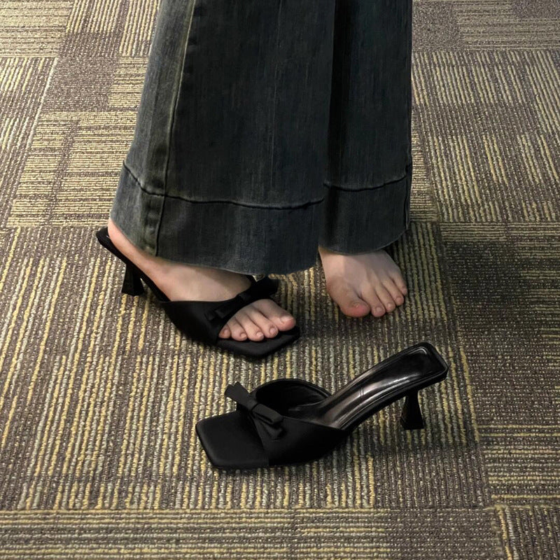French square toe small sandals thin heel high heels women 2025 summer new arrival bows one-line slippers half slippers
