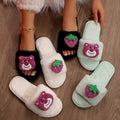 Women's fuzzy slippers - new autumn/winter collection - strawberry bear design, flat, warm, and cute cartoon cotton slides for indoor and outdoor wear