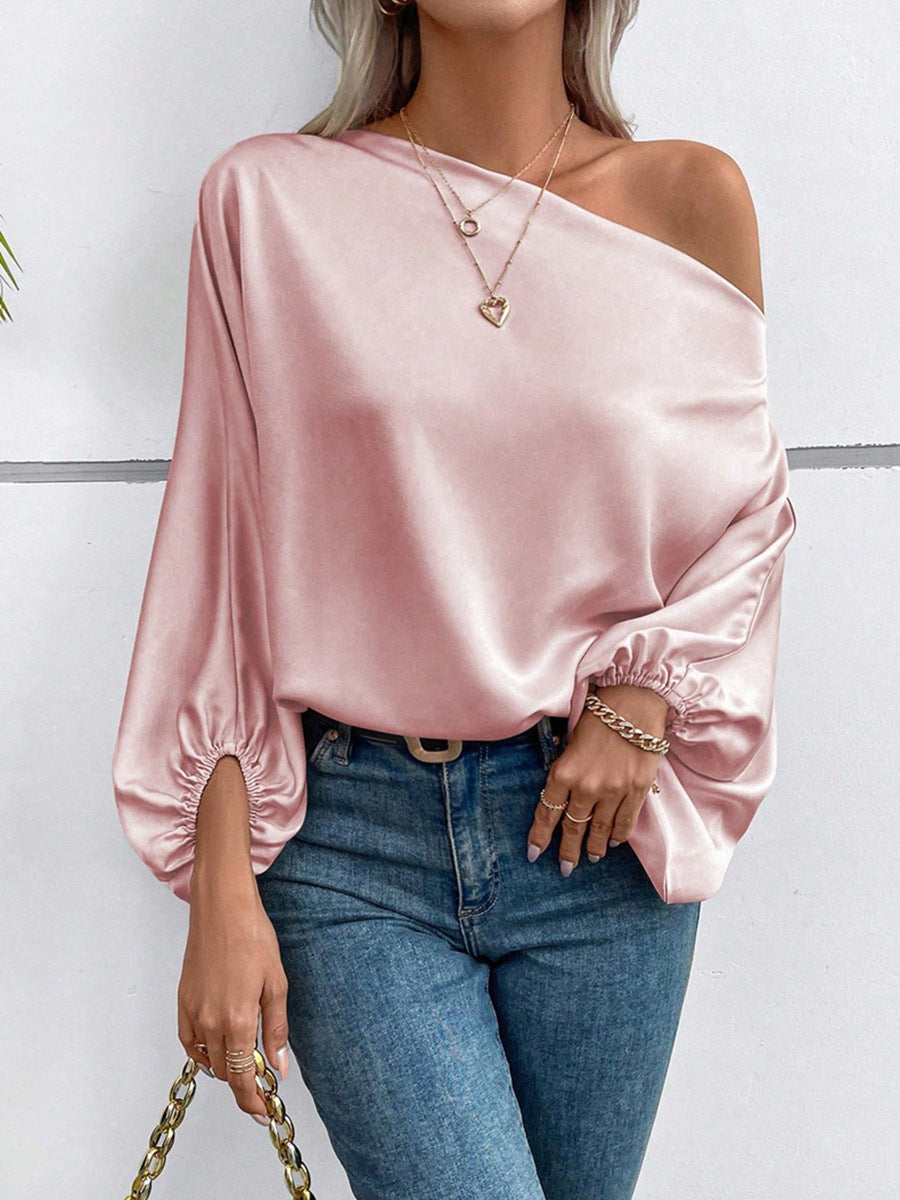 Amazon us & europe fashion independent store  winter new off-the-shoulder satin blouse - loose, asymmetrical top