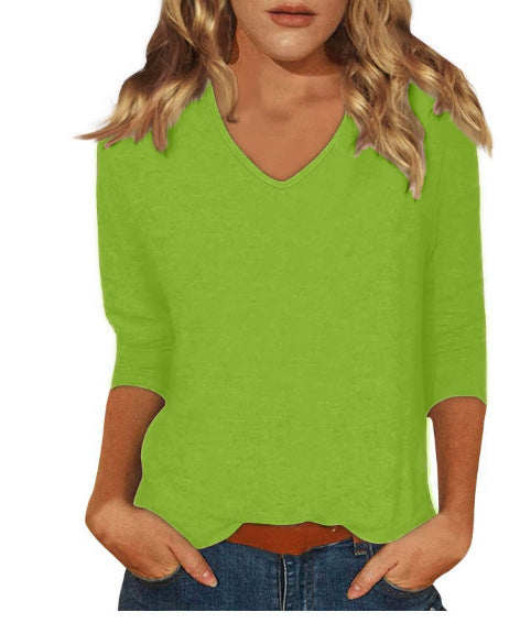 cross-border  women's everyday versatile casual v-neck solid color three-quarter sleeve t-shirt top