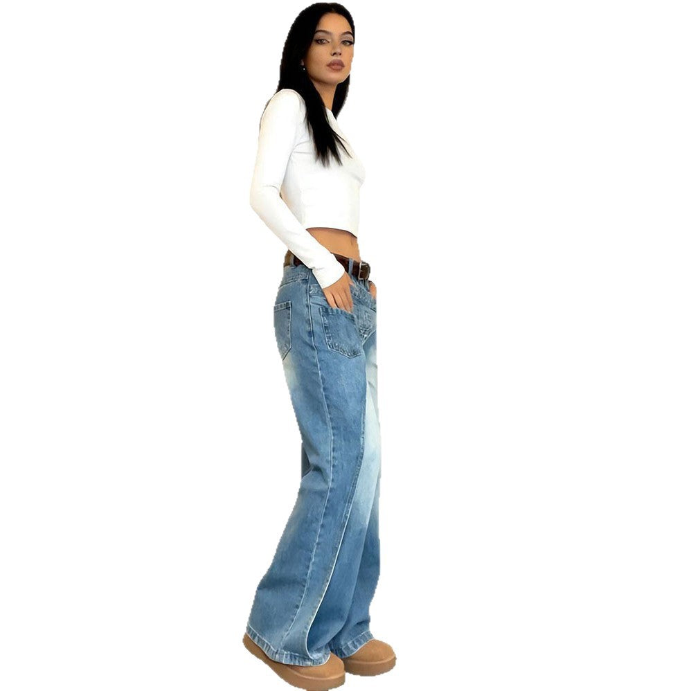 European and american style women's casual jeans -  cross-border fashion, unique washed distressed design, straight leg pants