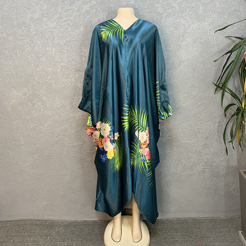 Faux silk printed loose fit plus size women's african style batwing sleeve maxi dress
