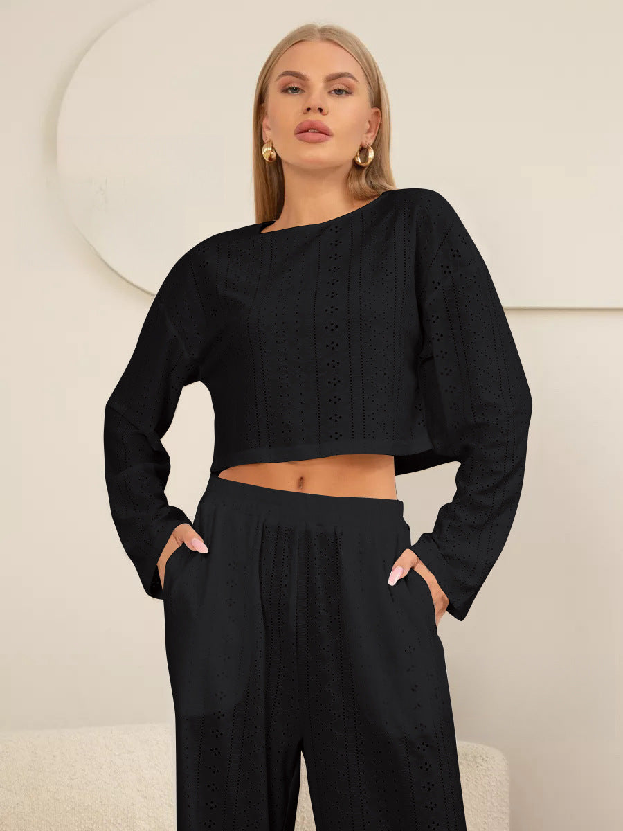 Cross-border 2024 spring and summer European and American women's suits are fashionable, simple, slim, loose pullover, long sleeves and trousers, home furnishing