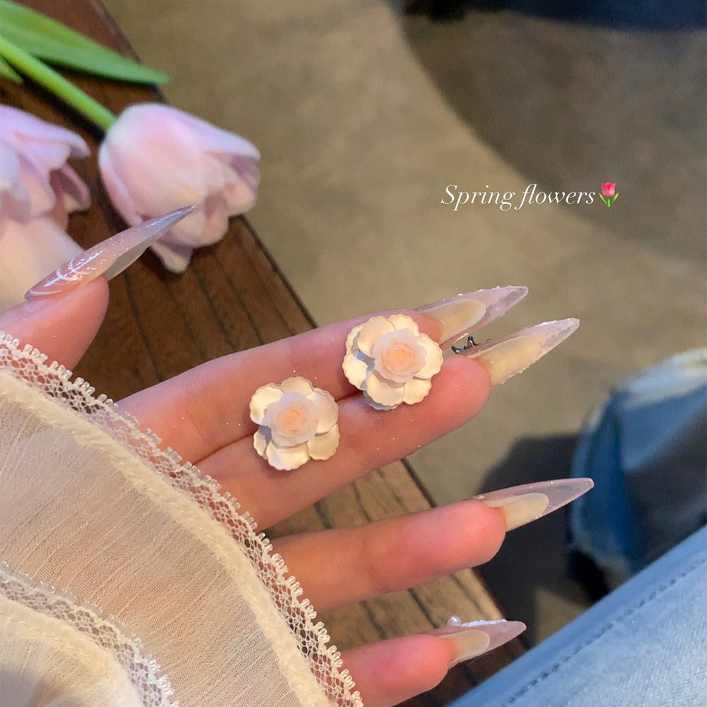Peach white tea 3d pink camellia earrings - unique, high-end design for women