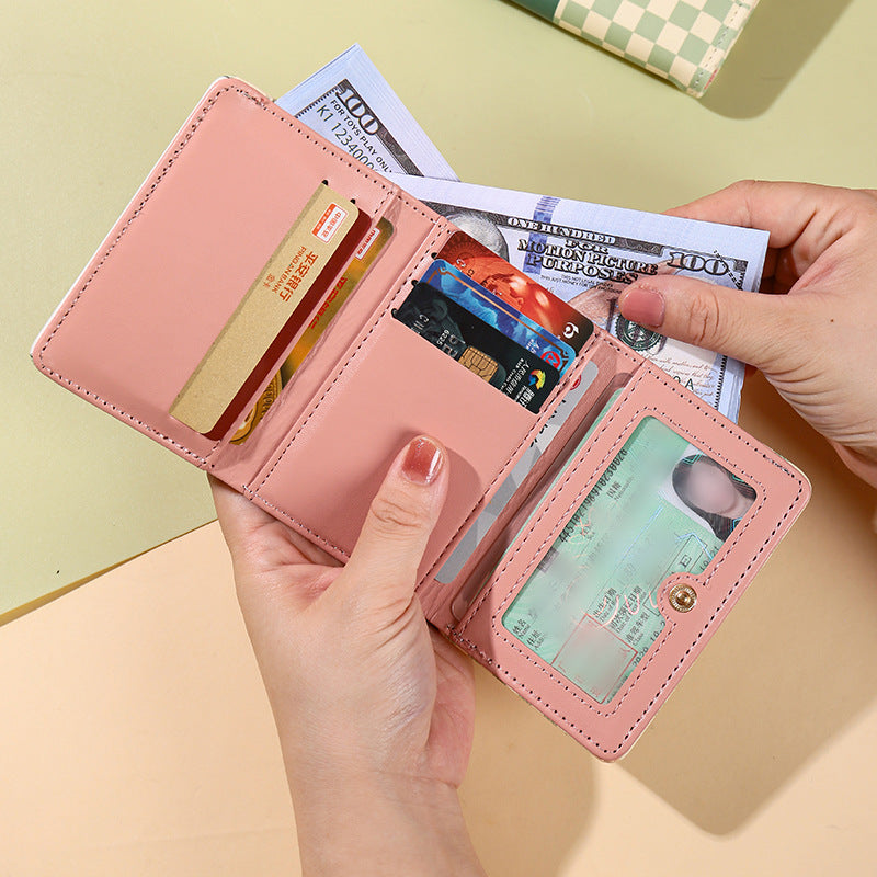 Small fresh three-fold wallet, short women's  explosion, portable driver's license card holder, three-fold storage change purse.