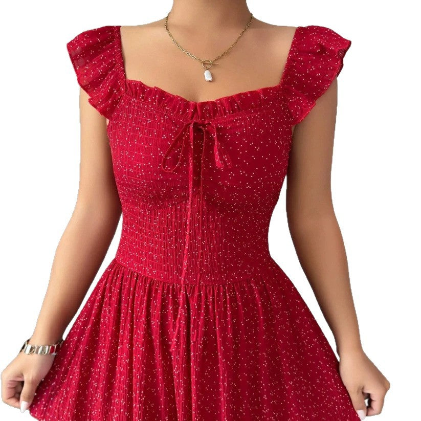 hot selling red polka dot backless dress women's summer new arrival waist slimming beach vacation style long dress