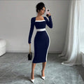 new  cross-border european and american women's clothing color block midi dress sexy bodycon long sleeve dress