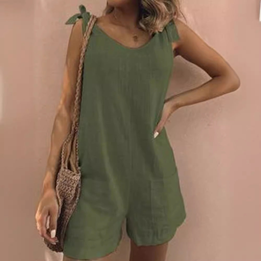 summer   hot-selling solid color cotton linen patch pocket fashion jumpsuit