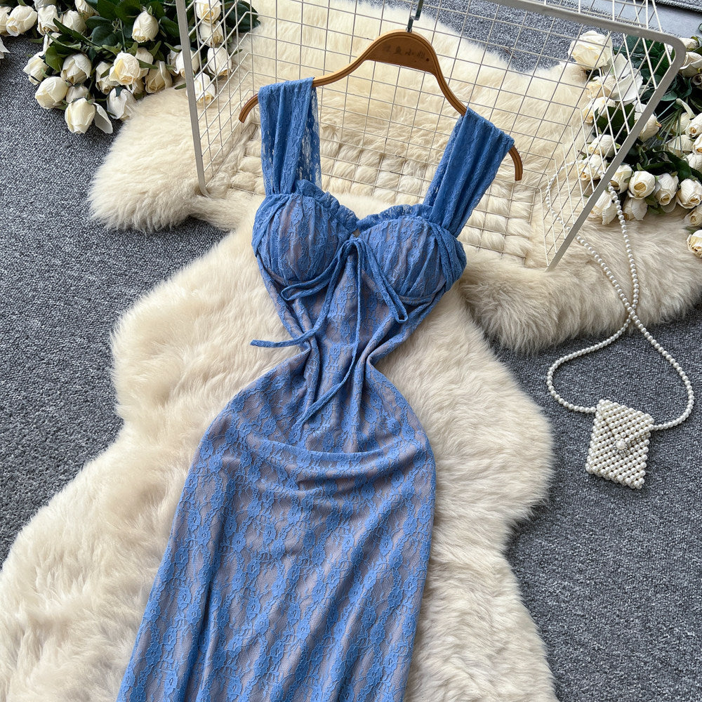 Pure desire style blue lace suspender dress women's summer silmsexy backless mermaid long dress vacation style dress