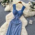 Pure desire style blue lace suspender dress women's summer silmsexy backless mermaid long dress vacation style dress
