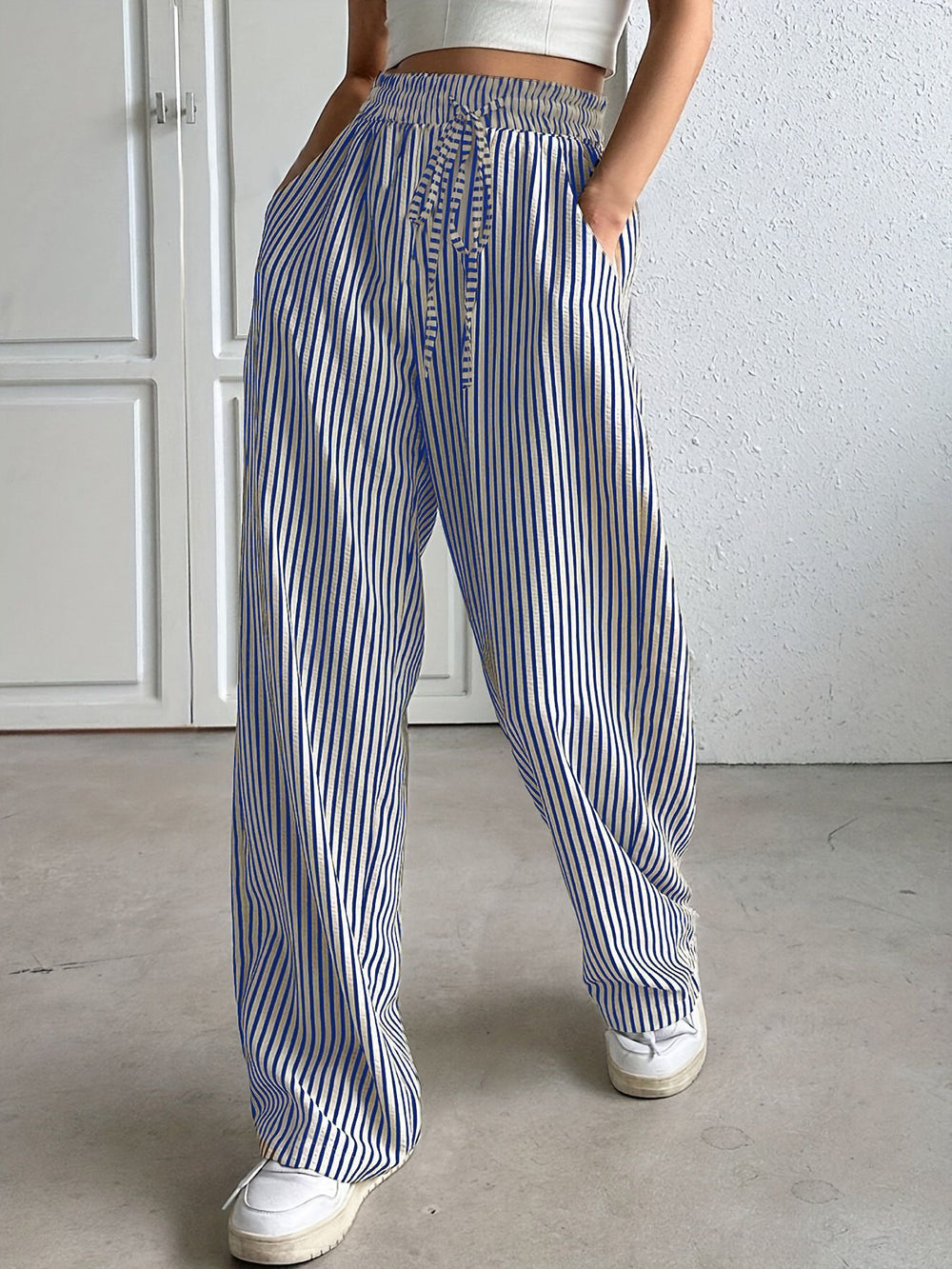 2025 european and american cross-border amazon new striped wide-leg pants drawstring pocket casual trousers straight-leg women's pants