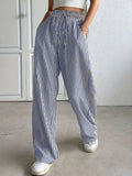 2025 european and american cross-border amazon new striped wide-leg pants drawstring pocket casual trousers straight-leg women's pants