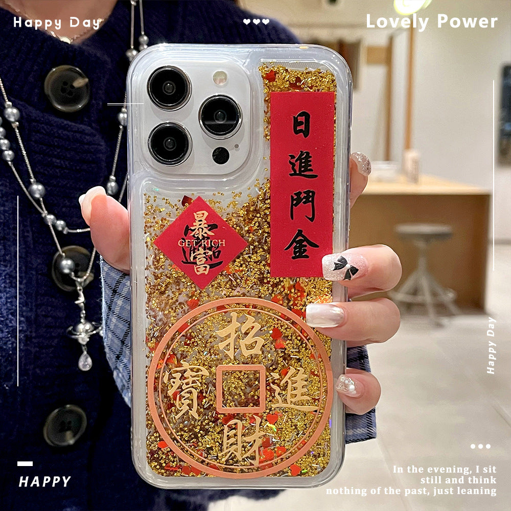 Gold foil quicksand iphone 16 pro case - attract wealth & treasure - apple 11 transparent protective cover - apple 17
