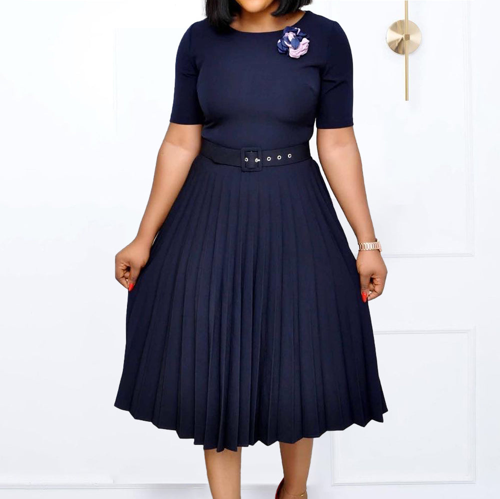 D3292 cross-border new european and american  round neck midi pleated skirt plus size african cross-border african dress