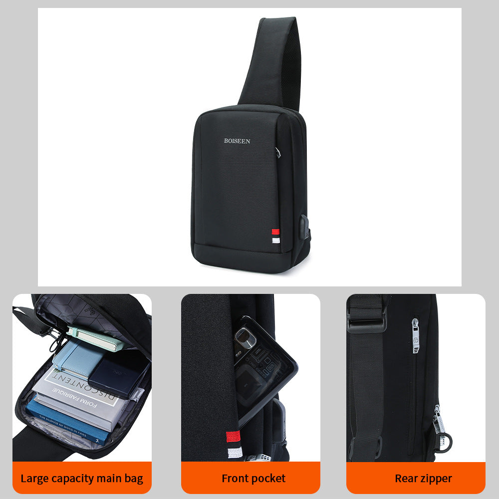 Boiseen  new large-capacity USB port reflective strip men's breast bag business zipper shoulder bag spot
