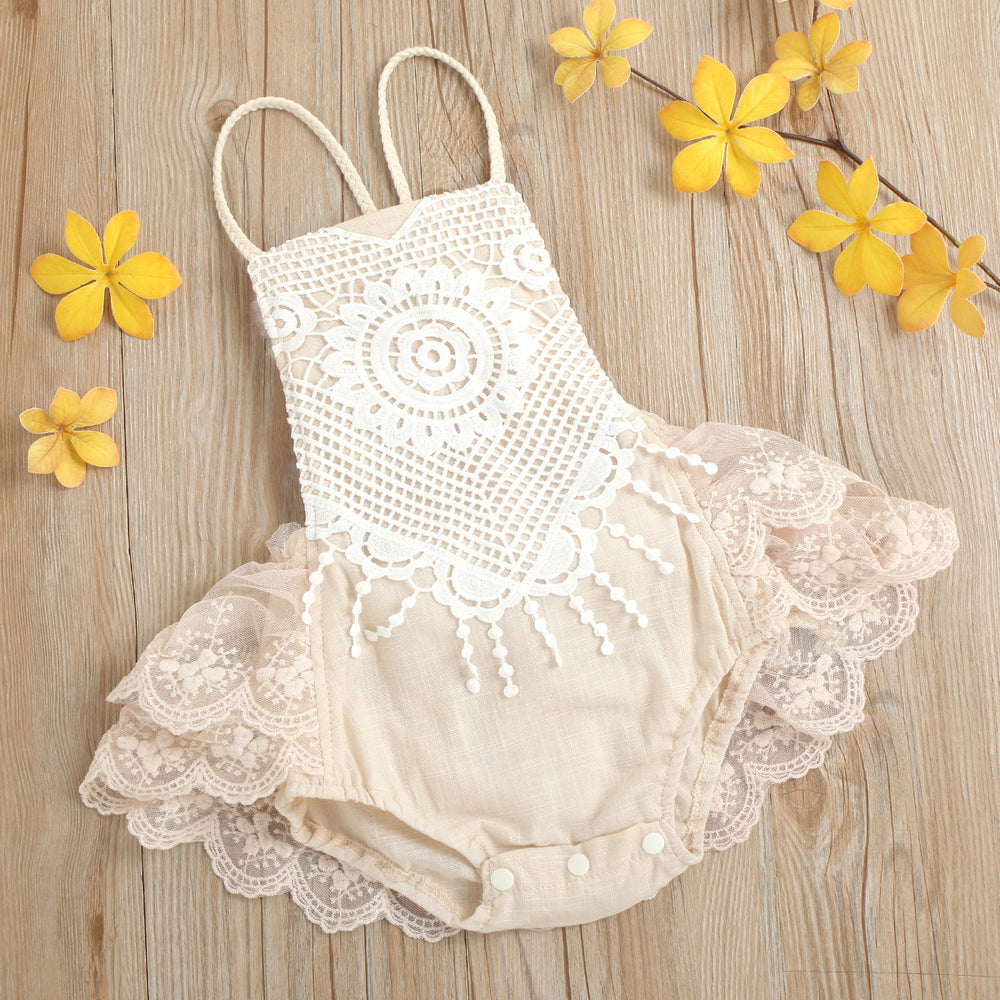 Fashion cross-border exclusive supply of children's clothing, baby one-piece suit, tie back mesh, lace lace, baby triangle romper, summer