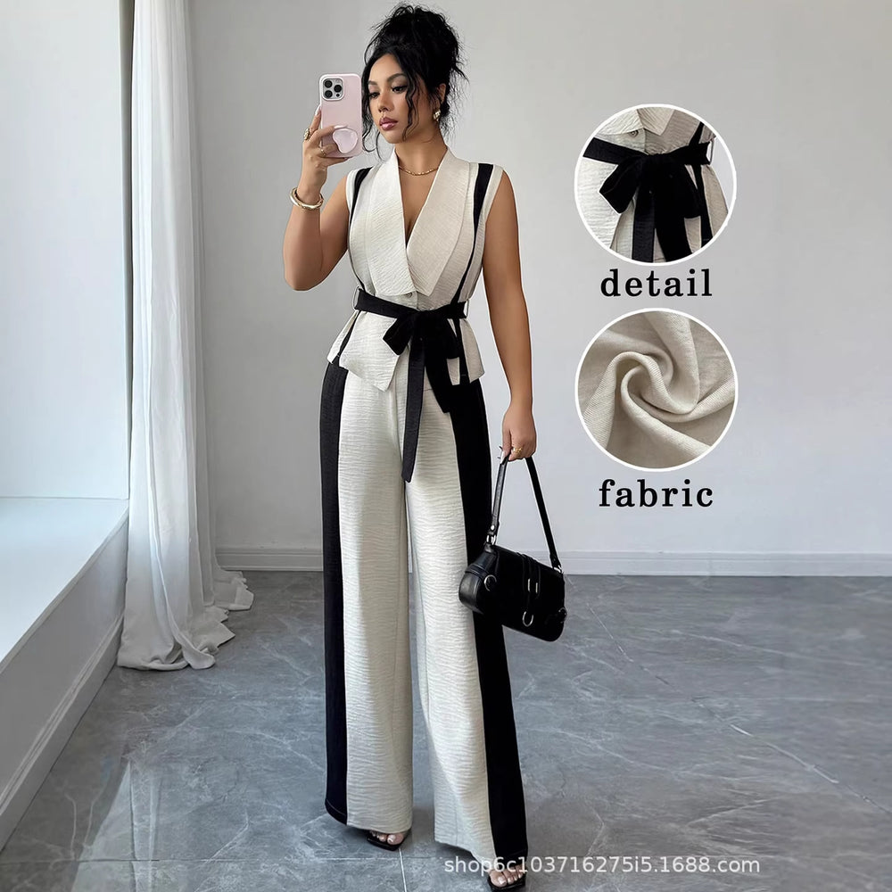 Fashion cross-border women's clothing fashionv neck sleeveless waist tie back vest contrast colorloose pantssense of designsuit