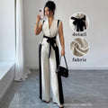 Fashion cross-border women's clothing fashionv neck sleeveless waist tie back vest contrast colorloose pantssense of designsuit
