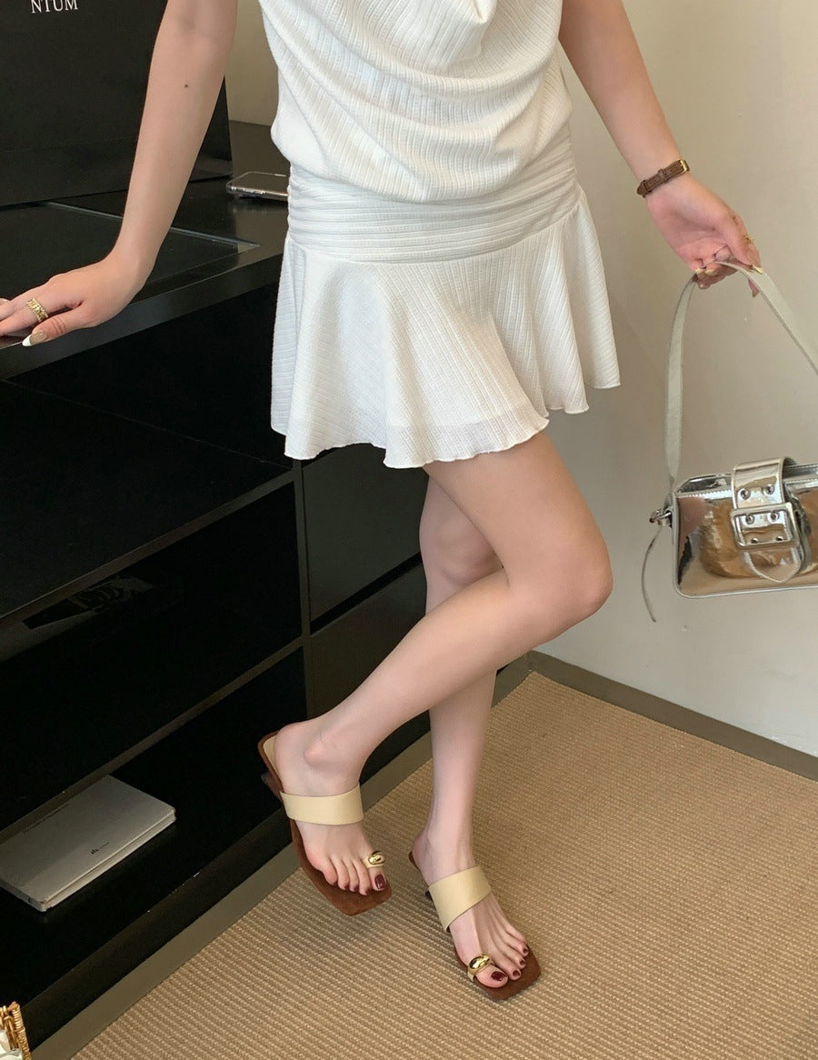 2026 new french retro square toe chunky heel thong sandals - women's summer outdoor wear with metal buckle detail